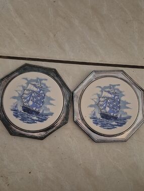 Blue Sailboat Ceramic Wall Plaques - Set of 2
